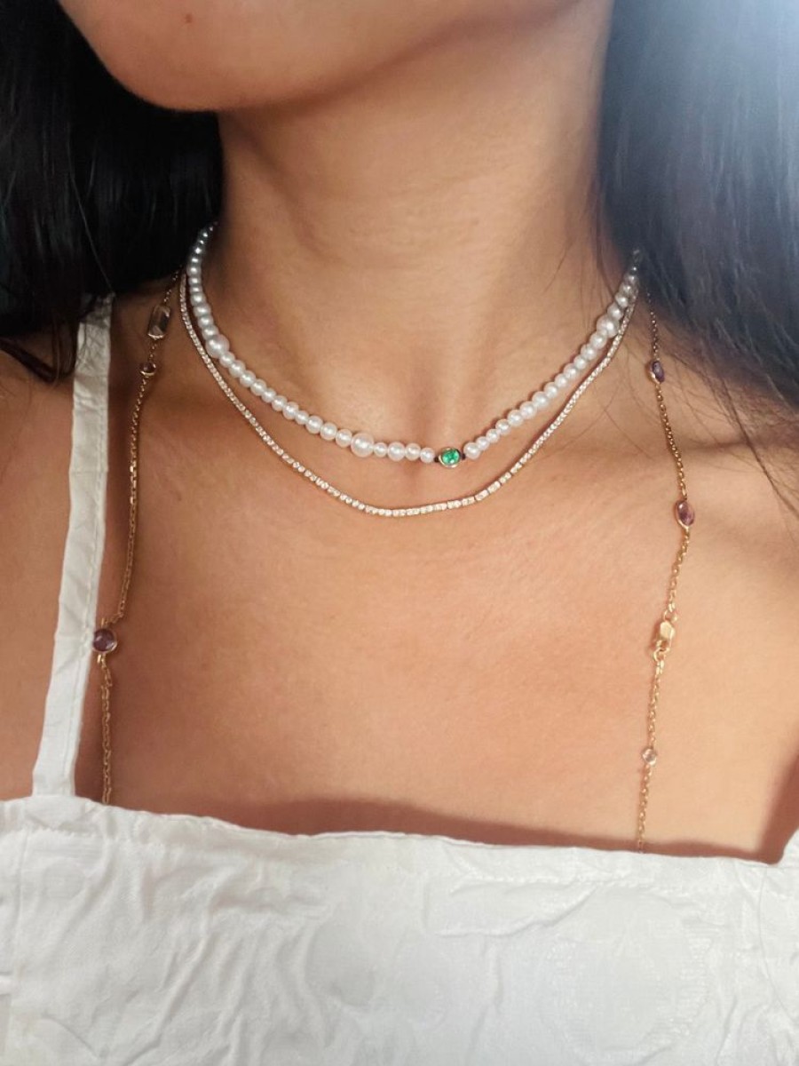 Jewelry YI Collection | Akoya Pearl And Emerald Choker Necklace