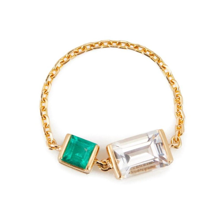 Jewelry YI Collection Double Gemstones | White Topaz & Emerald Chain Ring