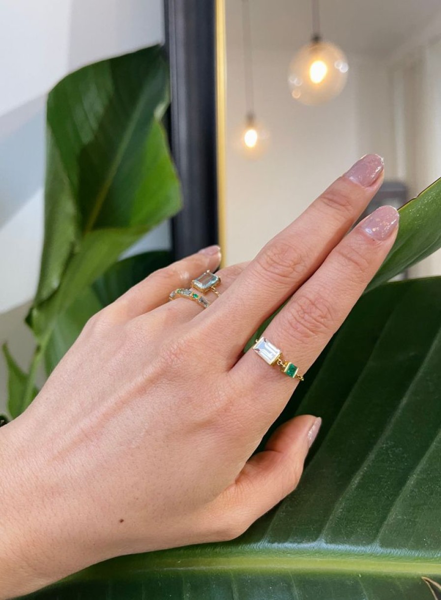 Jewelry YI Collection Double Gemstones | White Topaz & Emerald Chain Ring