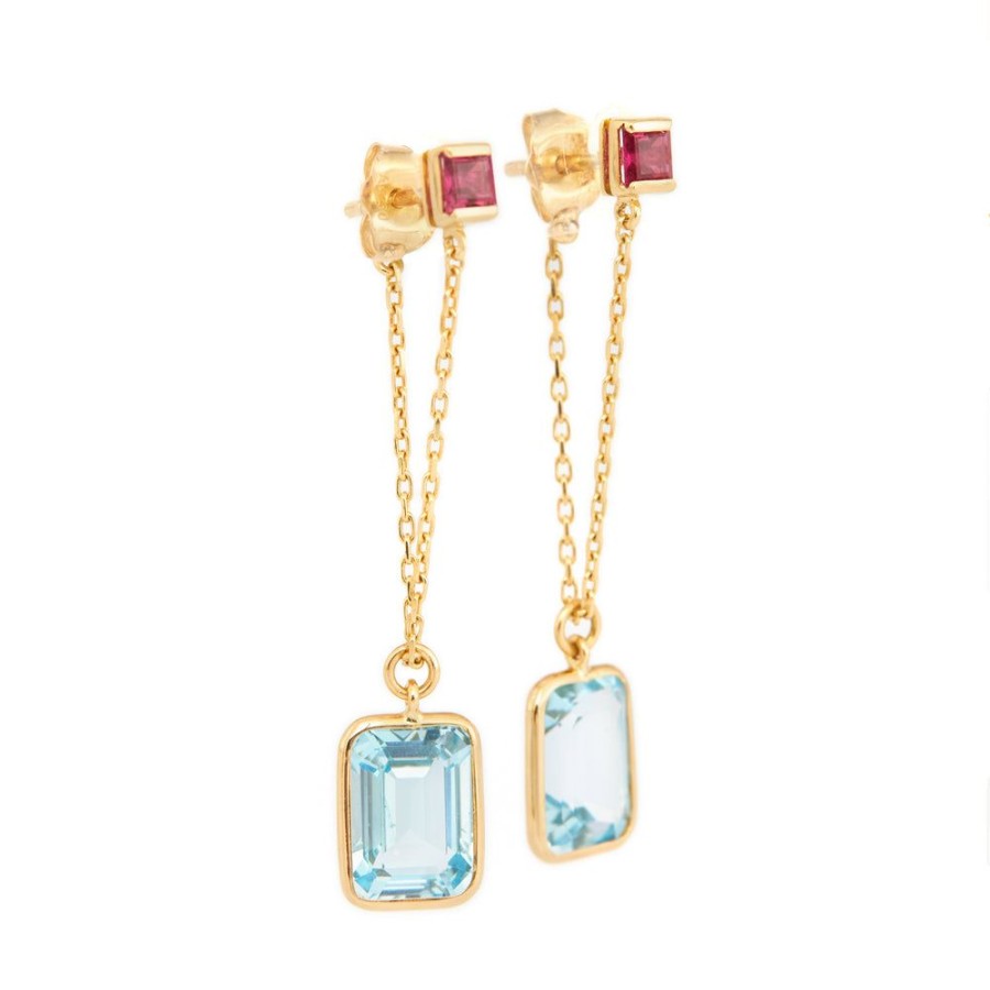 Jewelry YI Collection | Sky Blue Topaz & Ruby Chain Earrings