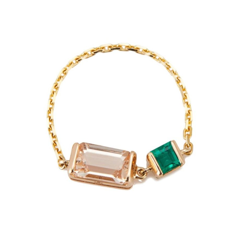 Jewelry YI Collection Chain Rings | Morganite & Emerald Chain Ring