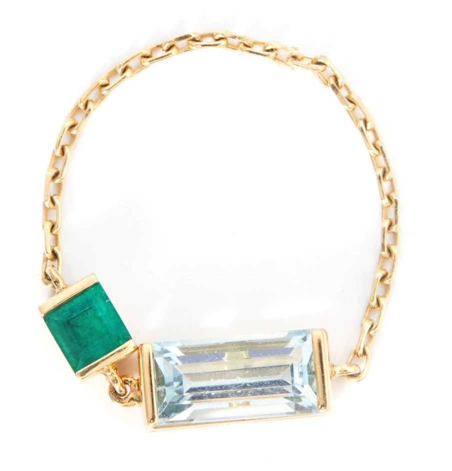 Jewelry YI Collection Double Gemstones | Aquamarine & Emerald Chain Ring